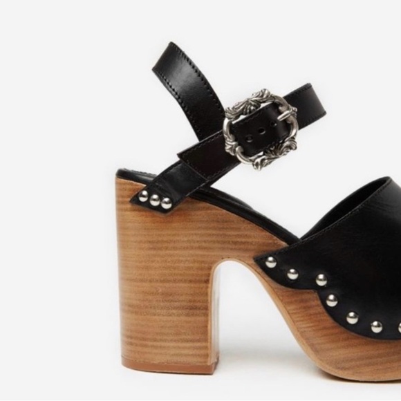 The Kooples Black Leather Wood Platform Clog Sandals Studded Block Heels EU 38 - Picture 2 of 14